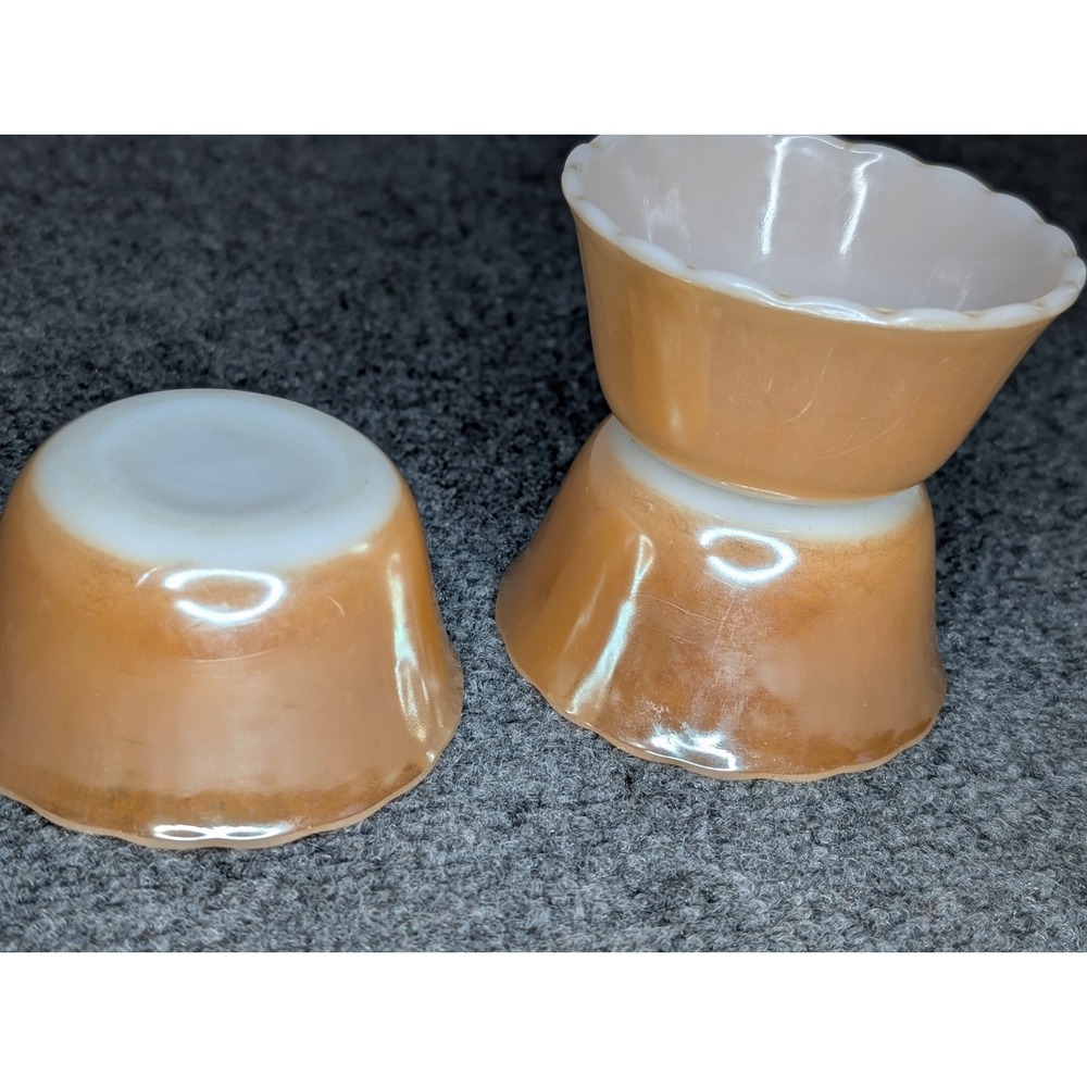 3 FIRE-KING Peach Lustre 424 Custard Cups, ALL with Reverse Logo, 6 oz